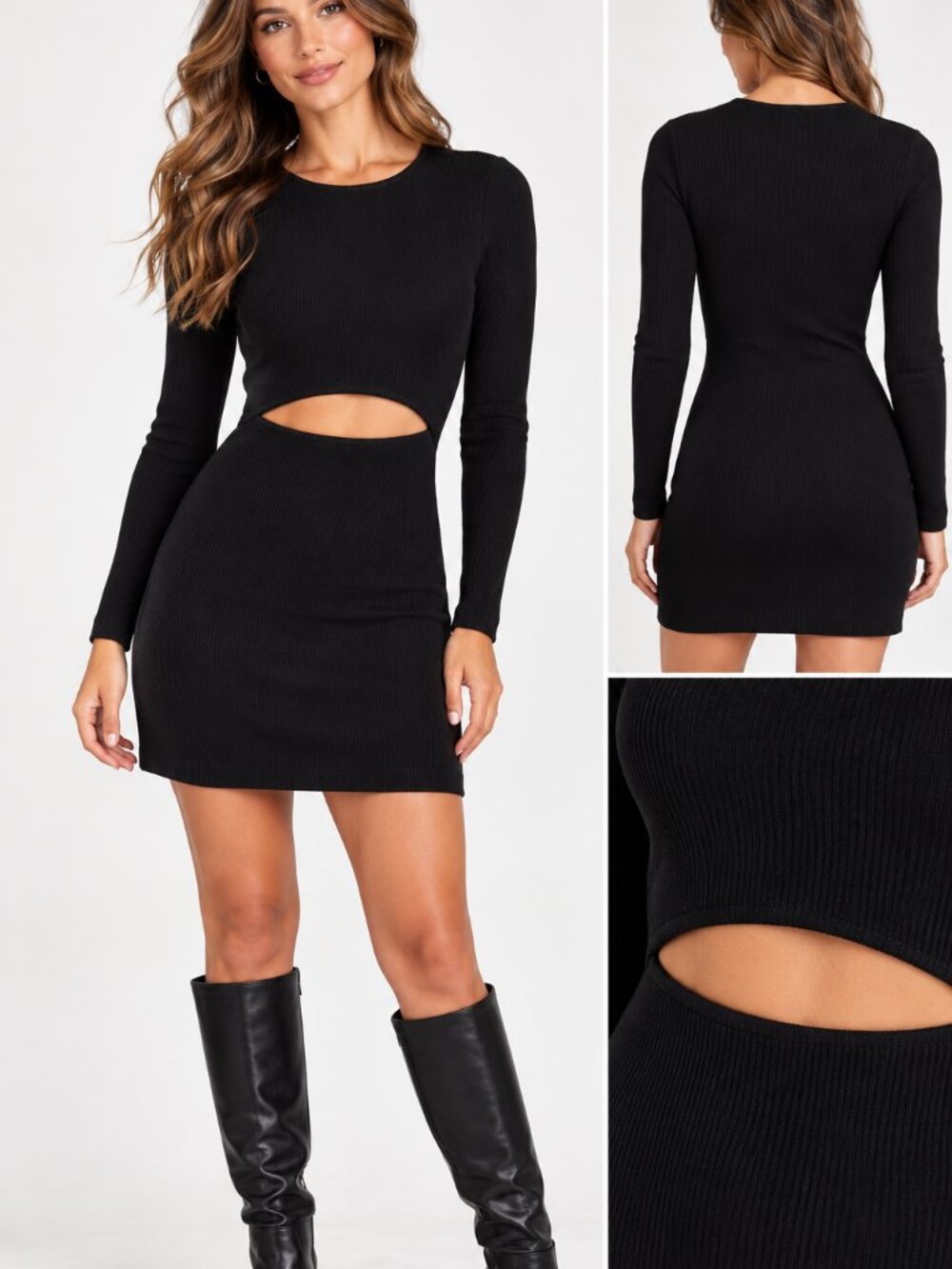 Aritzia Wilfred Free Mini Dress Womens L Black Ribbed Knit Cutout NWT